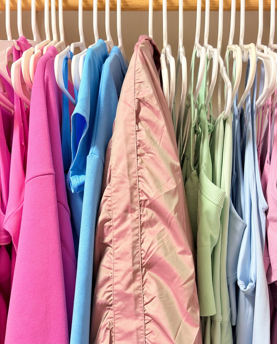 A curated rack of pastel Alo pieces in pink, cream, blue, and yellow tones